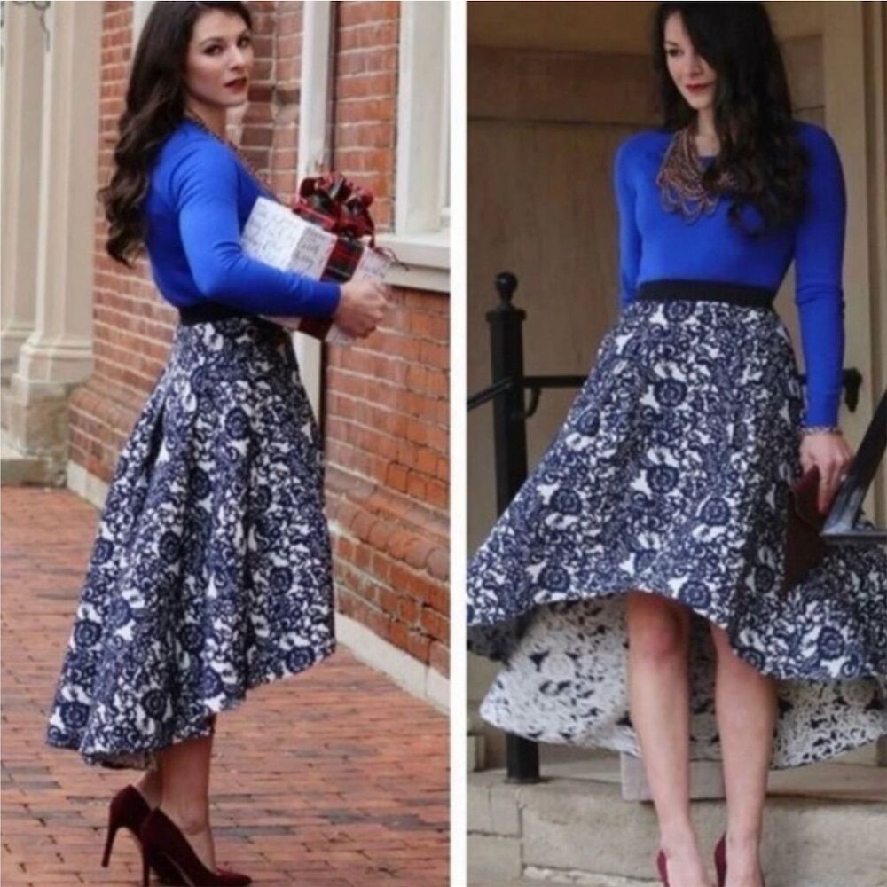 Anthropologie Sachin + Babi Flare Hi-Lo Midi Skirt Blue Size 10 Petite, POCKETS!